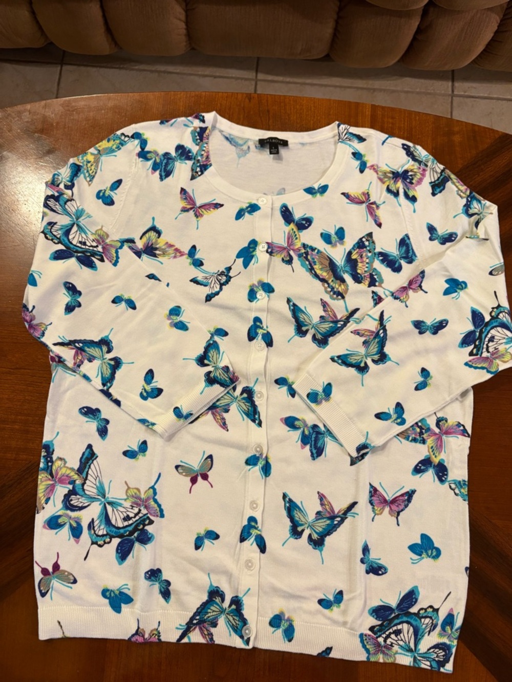 Talbots Women’s Butterfly Print Cardigan - White with Blue & Purple Butterflies